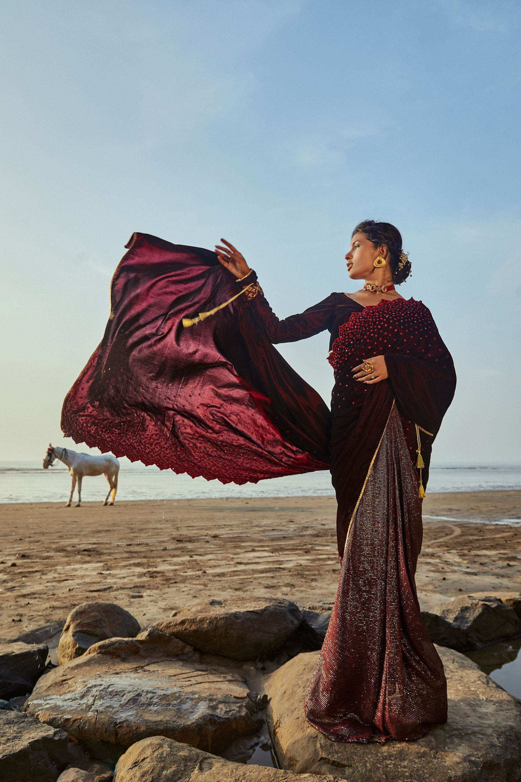 Jane Saree & Blouse- Wine - Monk & Mei