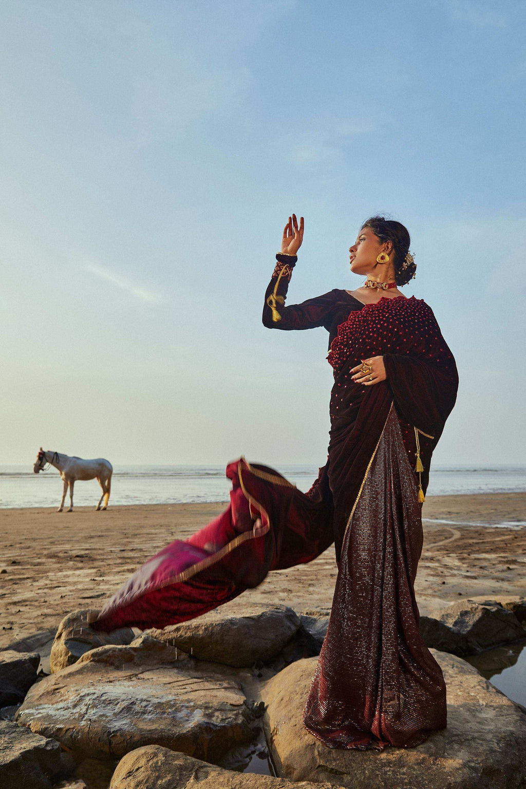 Jane Saree & Blouse- Wine - Monk & Mei