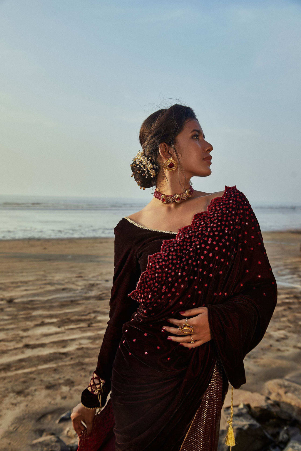 Jane Saree & Blouse- Wine - Monk & Mei
