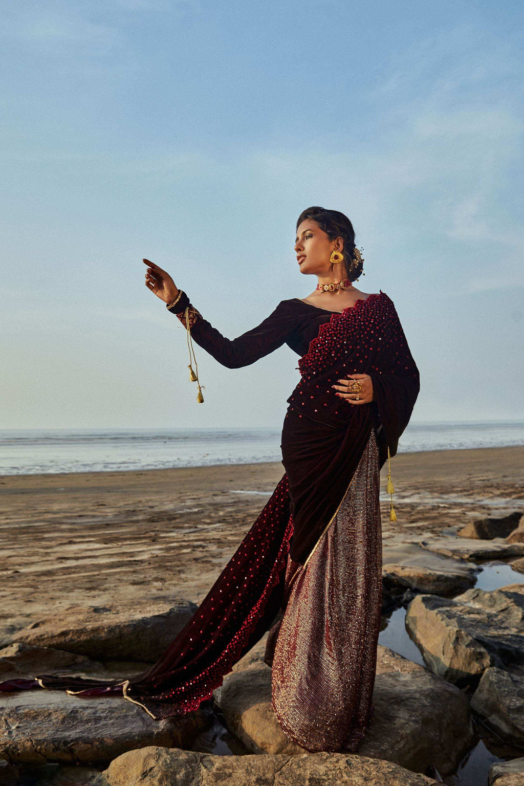 Jane Saree & Blouse- Wine - Monk & Mei