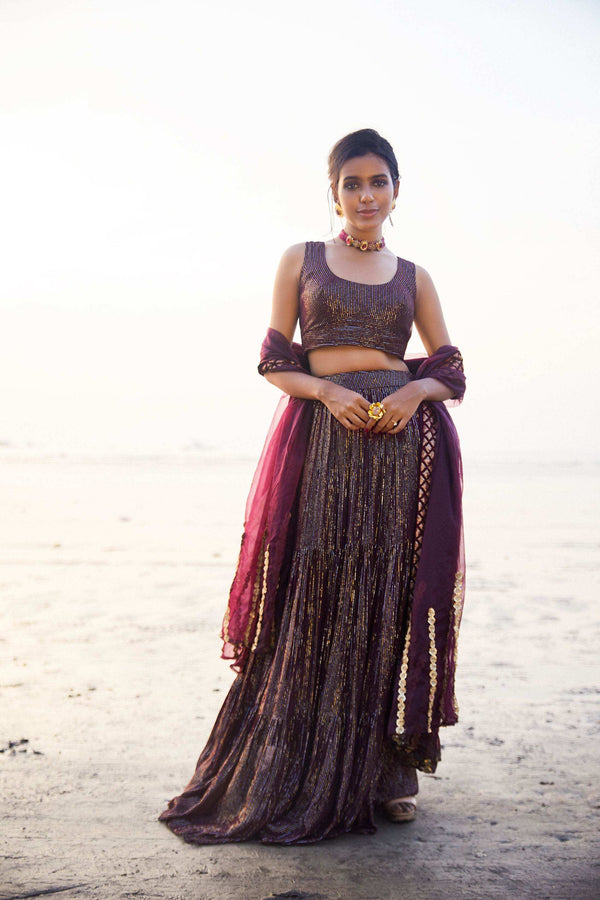 Melania Lehenga, blouse and dupatta- Wine