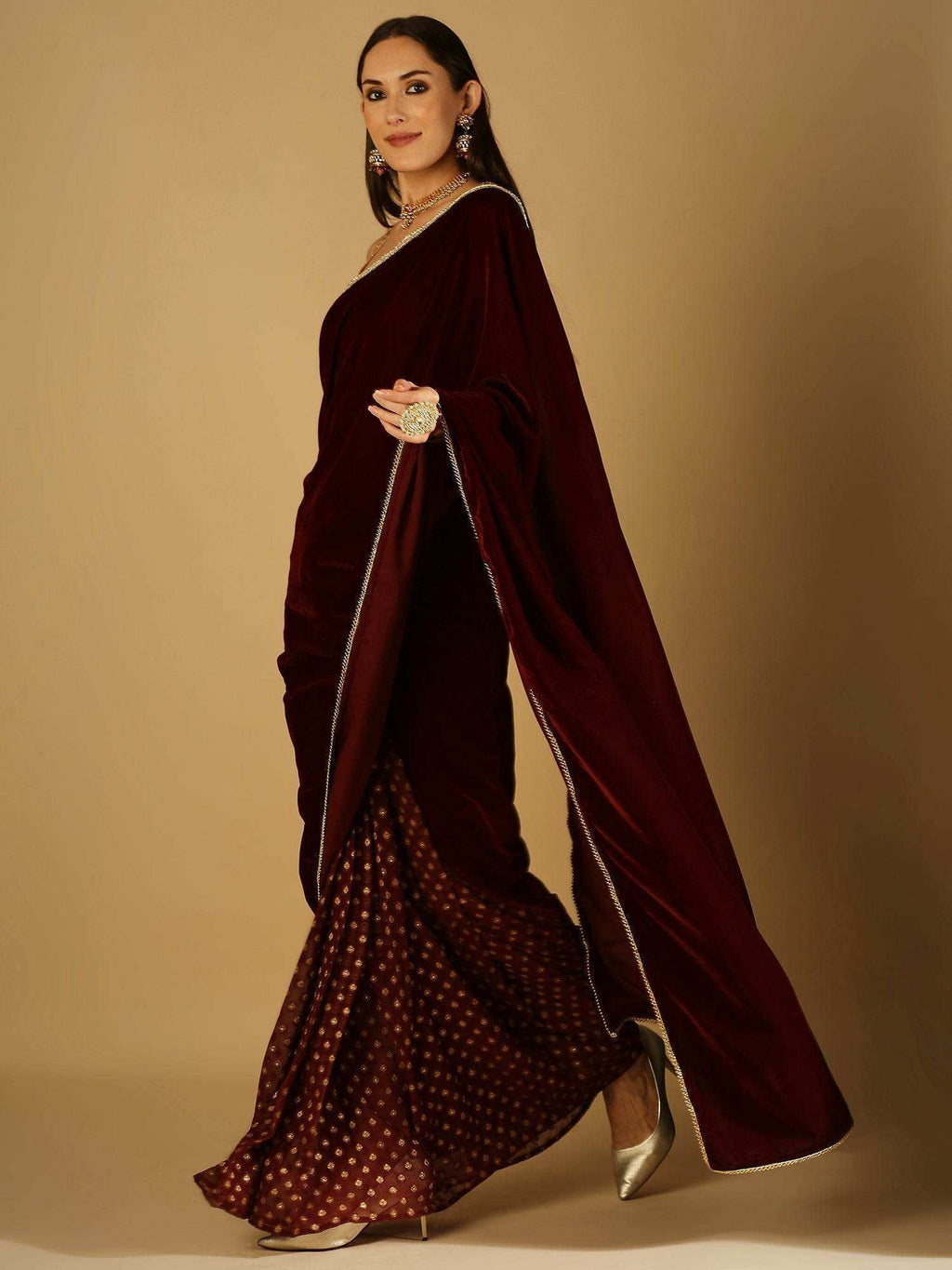 Sultana-Saree with blouse & belt - Maroon - Monk & Mei