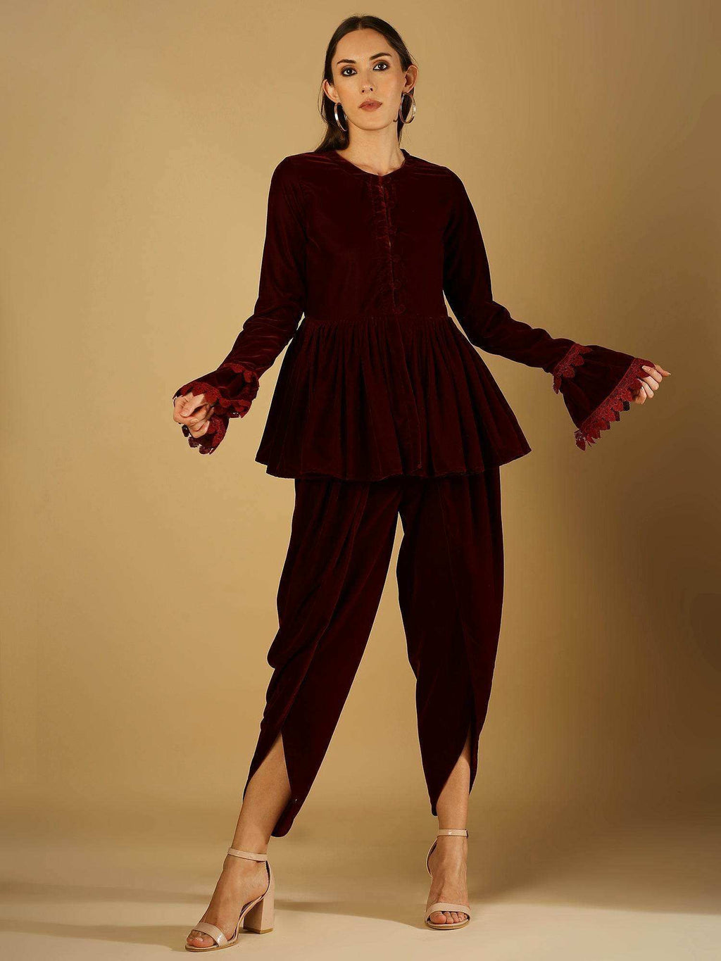 Farah - Jacket & Dhoti - Maroon - Monk & Mei