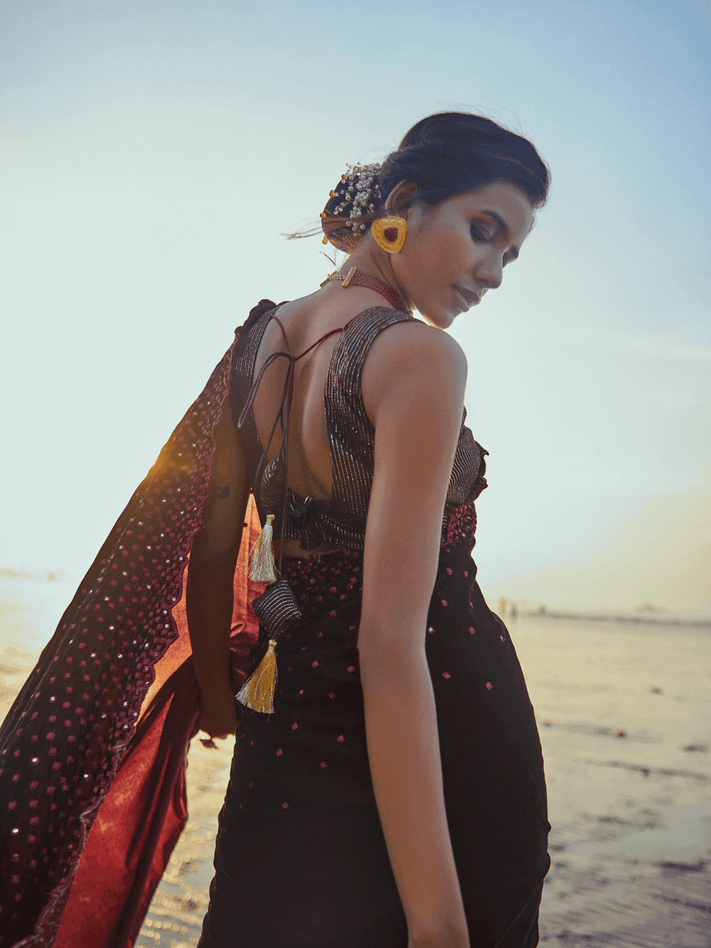 Julie Saree & Blouse- Wine - Monk & Mei
