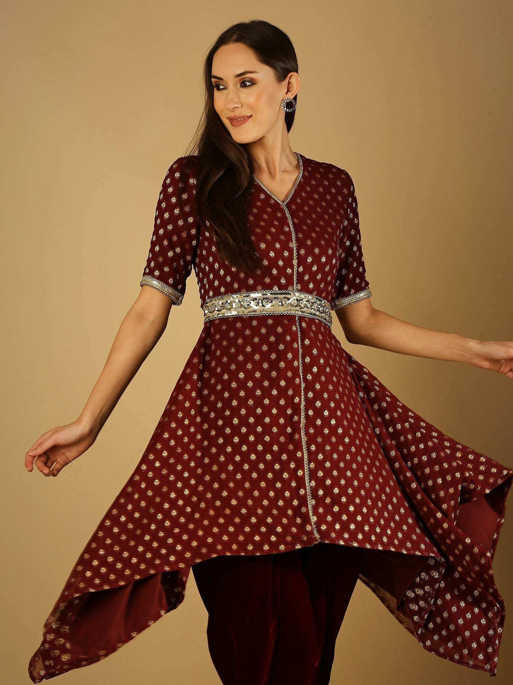 Tamanna-Kurta dhoti Set with Belt - Maroon - Monk & Mei