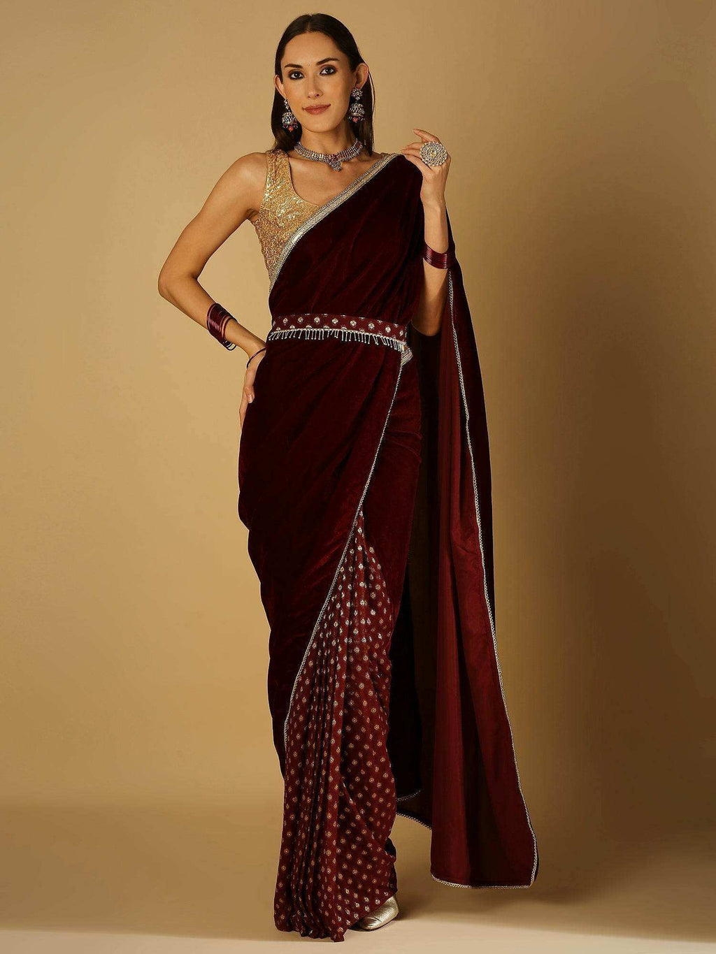Sultana-Saree with blouse & belt - Maroon - Monk & Mei