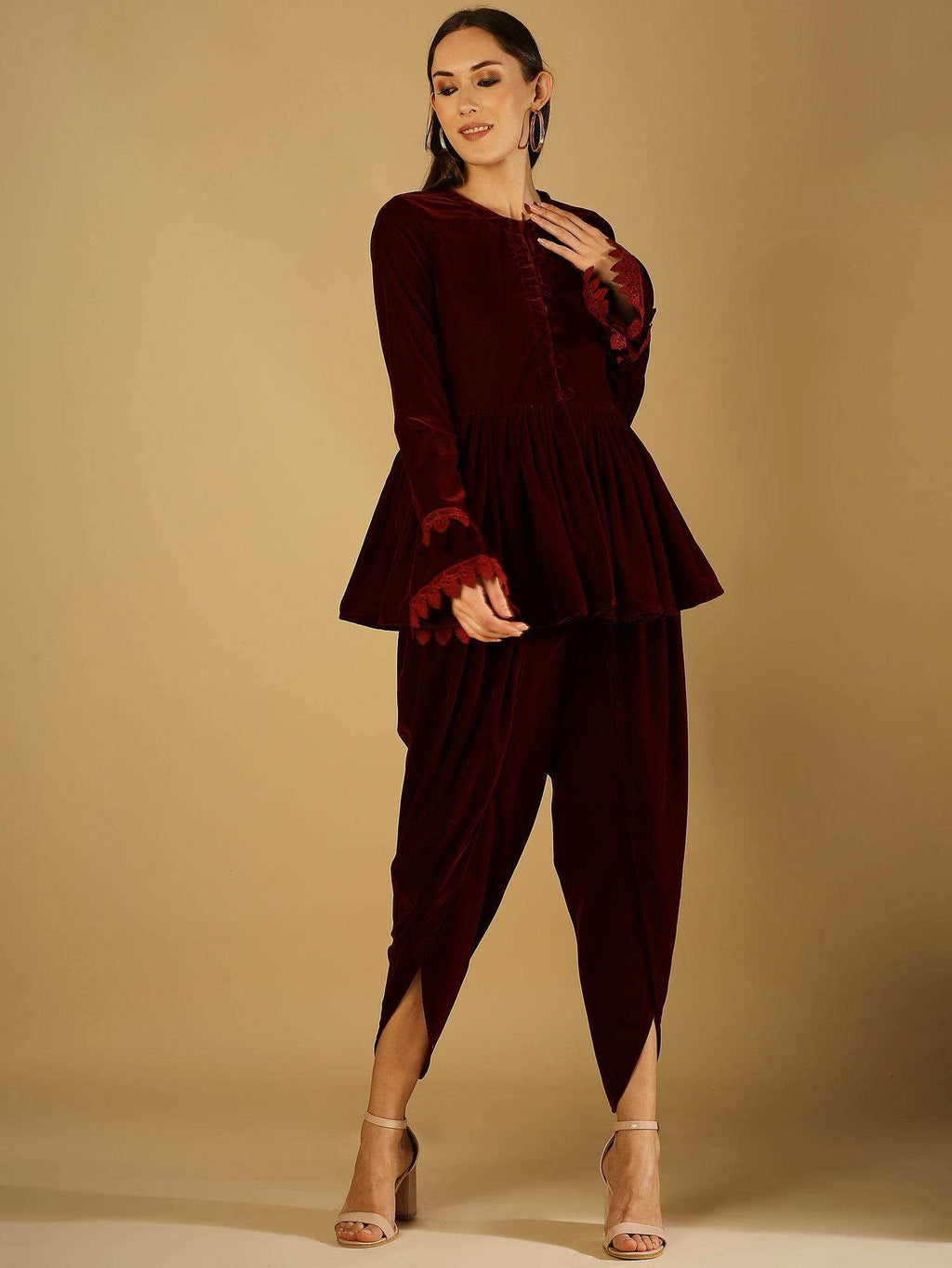 Farah - Jacket & Dhoti - Maroon - Monk & Mei