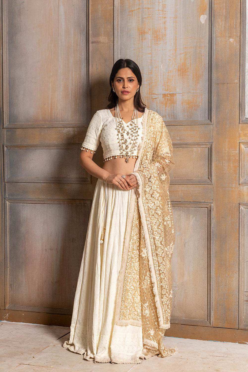 Mallika Embroidered Lehenga Set - Cream - Monk & Mei