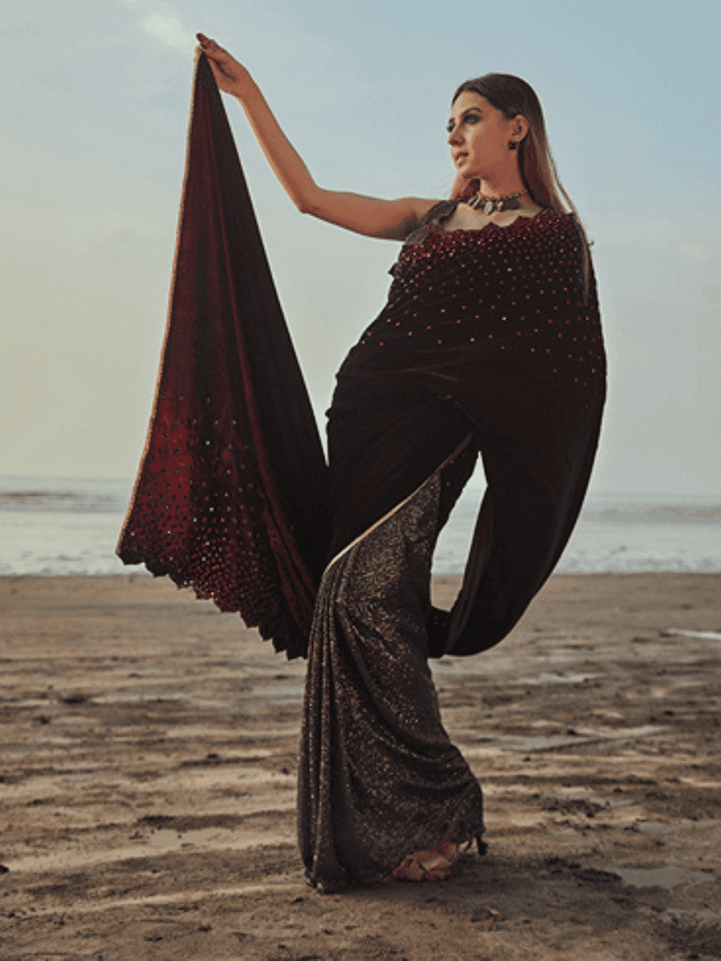 Julie Saree & Blouse- Wine - Monk & Mei