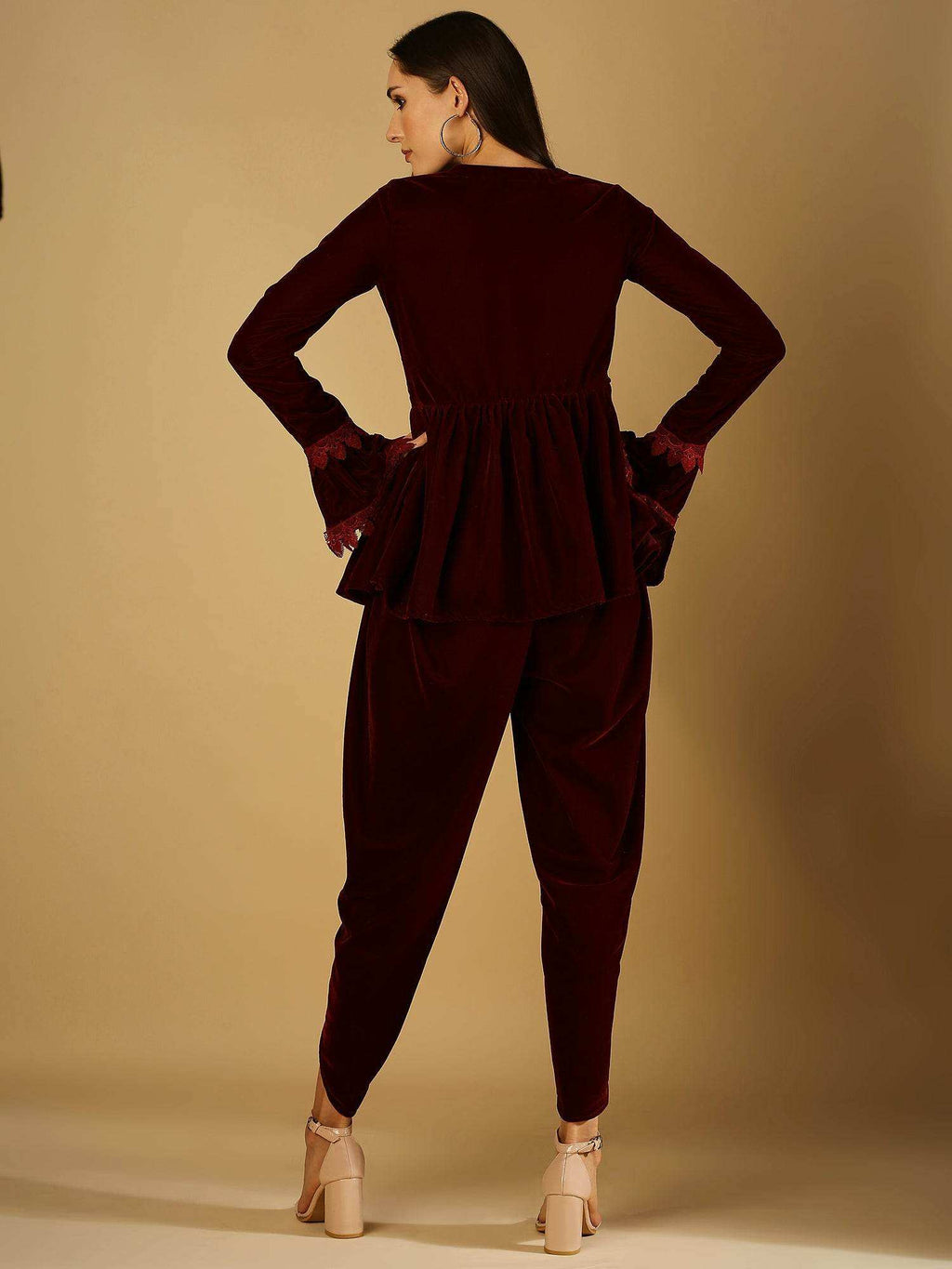 Farah - Jacket & Dhoti - Maroon - Monk & Mei