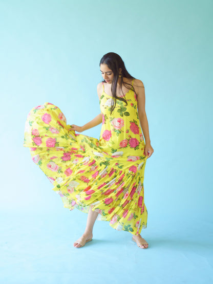 SAGA Slip Dress with Chanderi overlay - Yellow