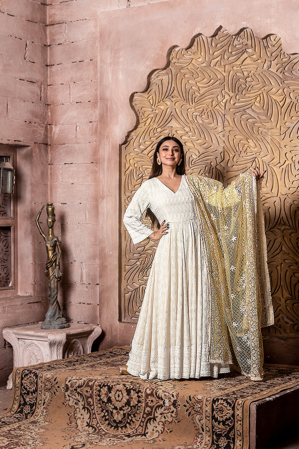 Falak - Embroidered Dress & Dupatta - Cream Anarkali with Zari Dupatta