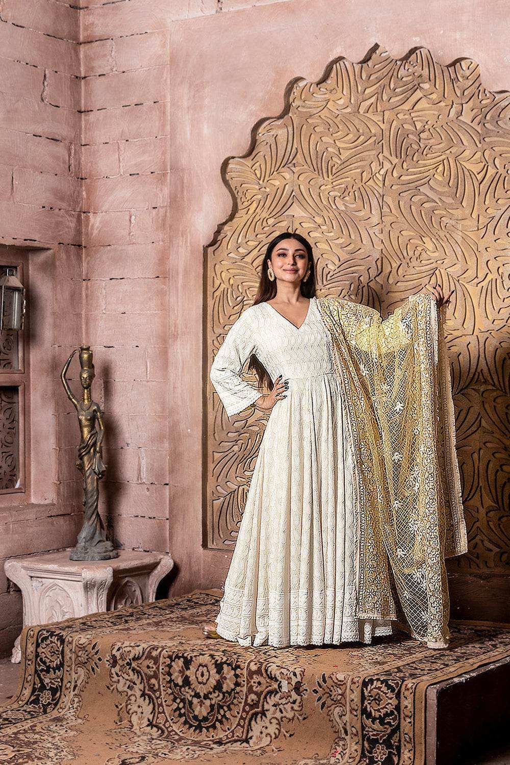 Falak - Embroidered Dress & Dupatta - Cream Anarkali with Zari Dupatta - Monk & Mei