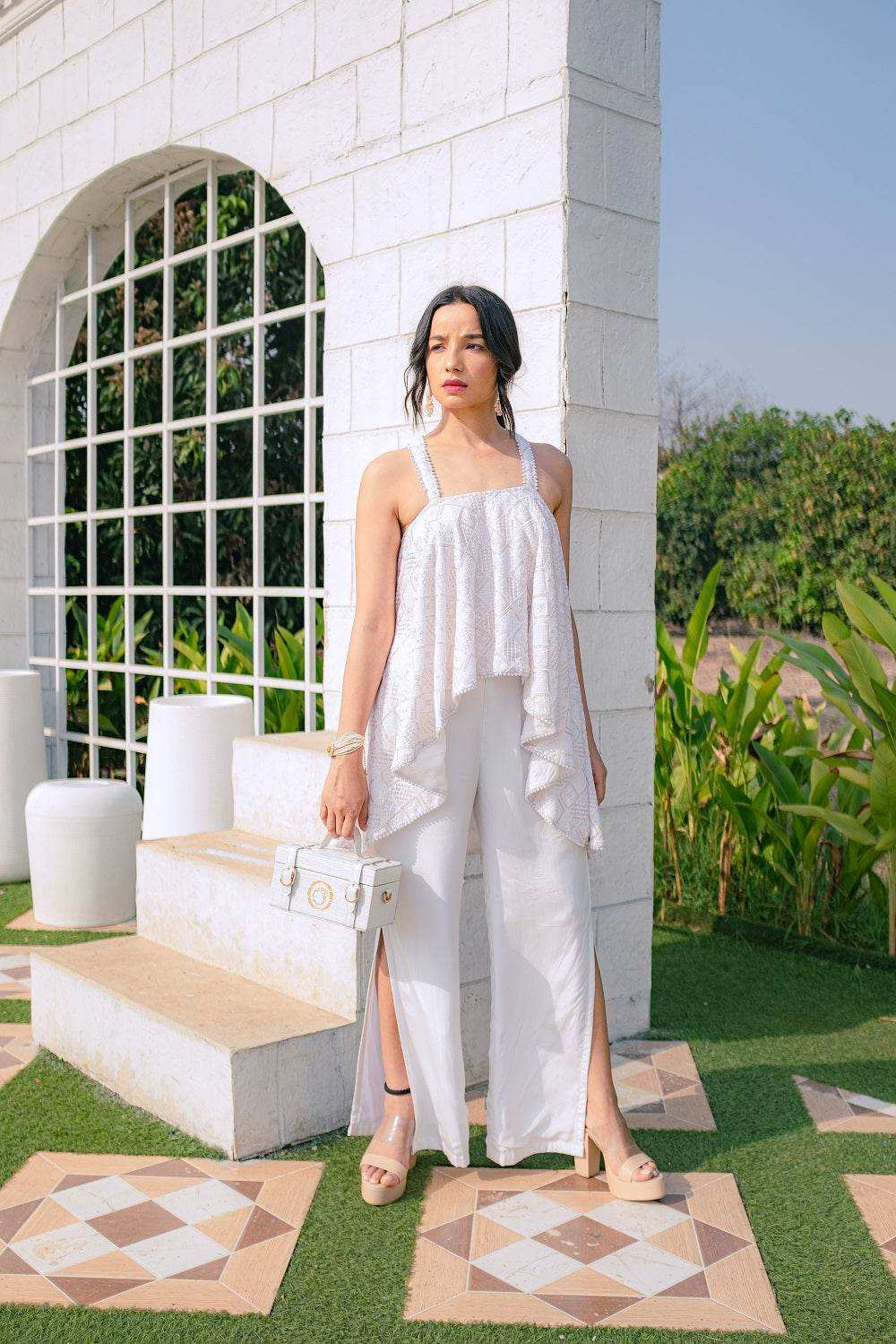 Asin Chikankari High Low Top & Slit Pants - White - Monk & Mei