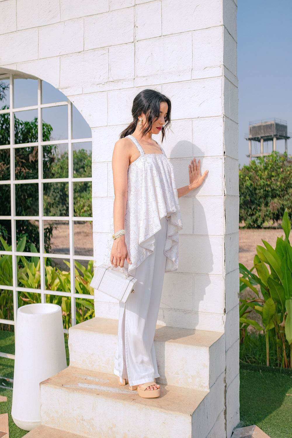 Asin Chikankari High Low Top & Slit Pants - White - Monk & Mei