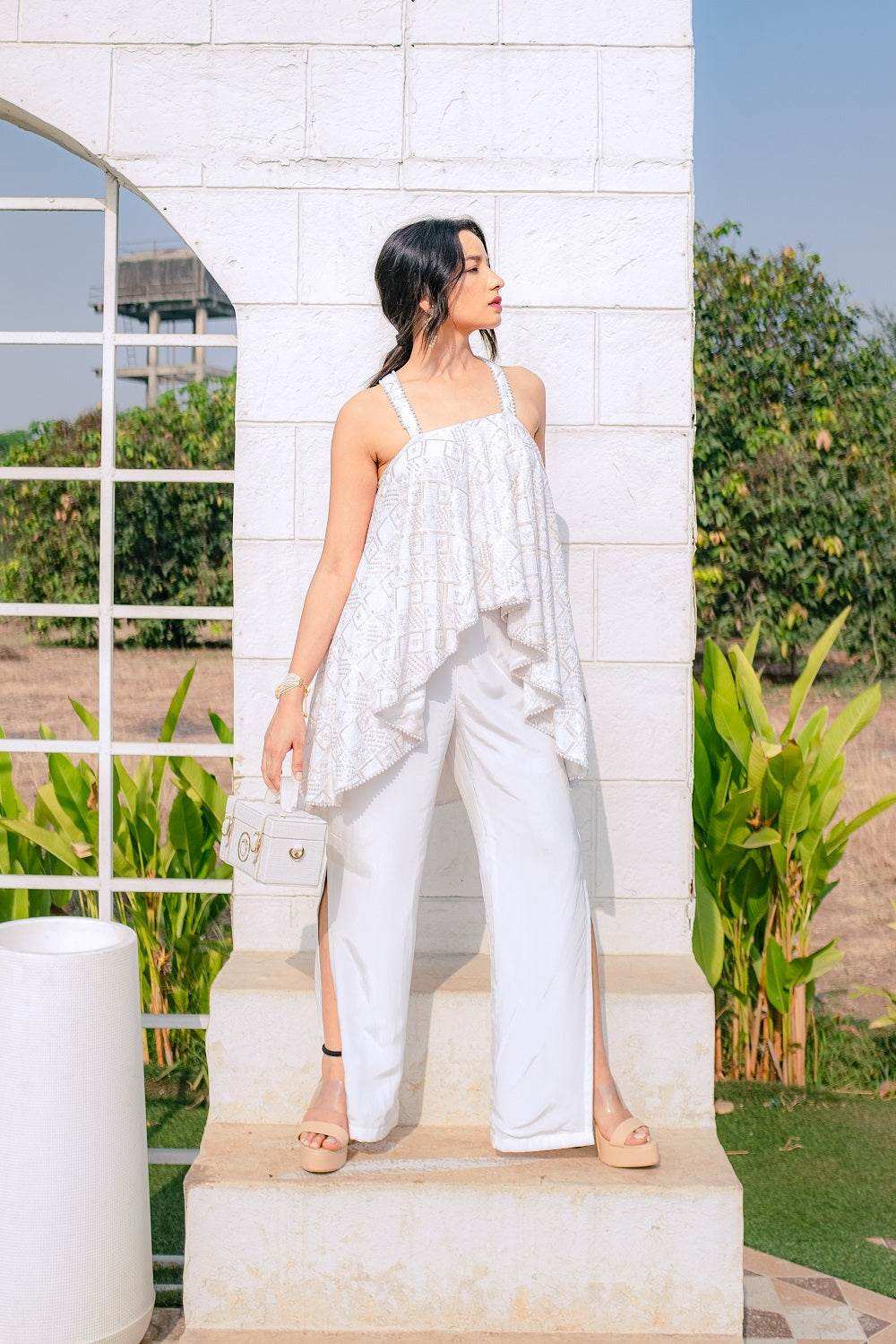 Asin Chikankari High Low Top & Slit Pants - White - Monk & Mei