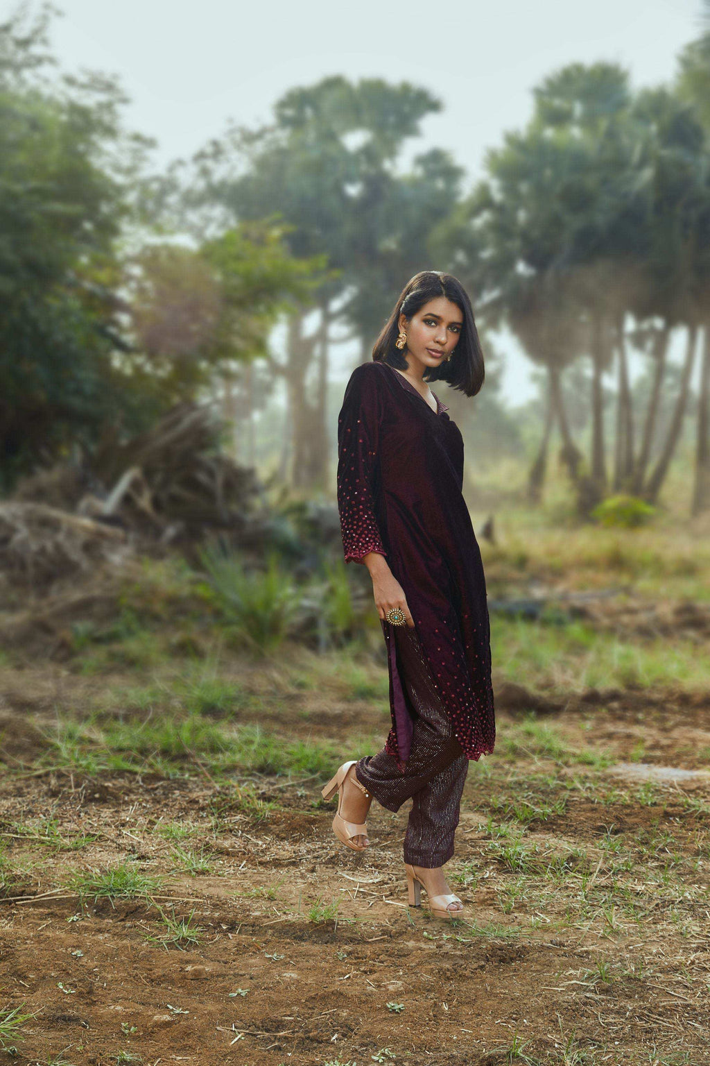 Sophia Velvet Kurta, Pant & Dupatta- Wine - Monk & Mei