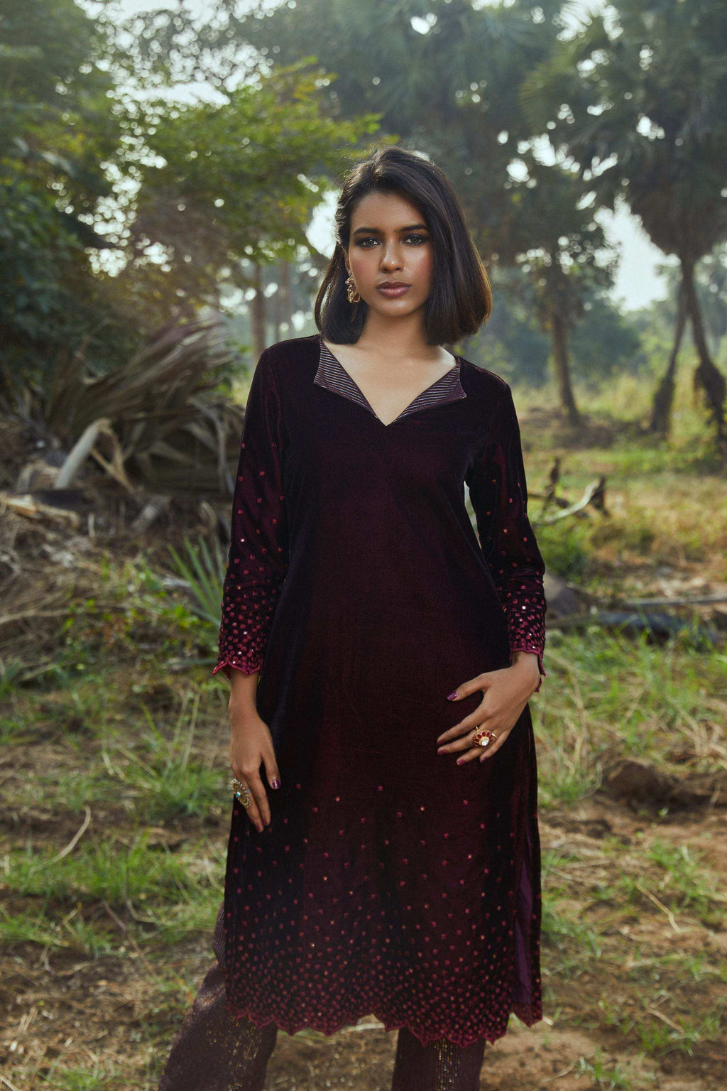 Sophia Velvet Kurta, Pant & Dupatta- Wine - Monk & Mei