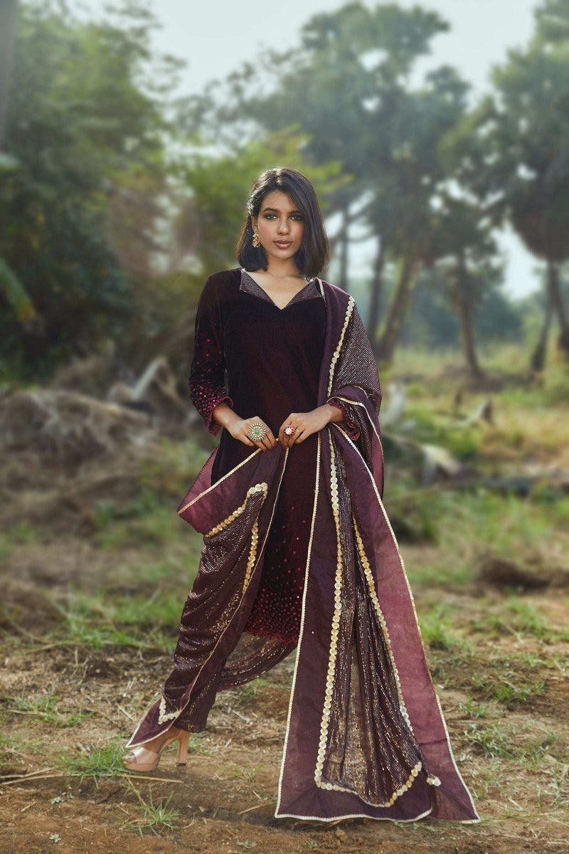 Sophia Velvet Kurta, Pant & Dupatta- Wine