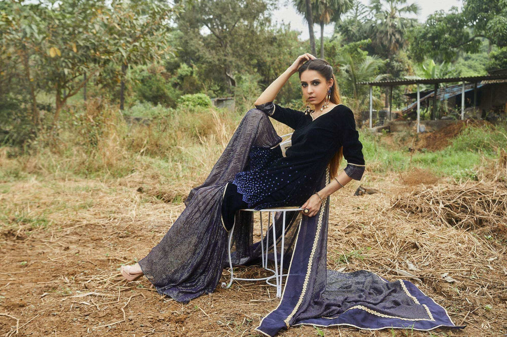 Ursula Velvet Kurta, Sharara & Dupatta- Blue - Monk & Mei