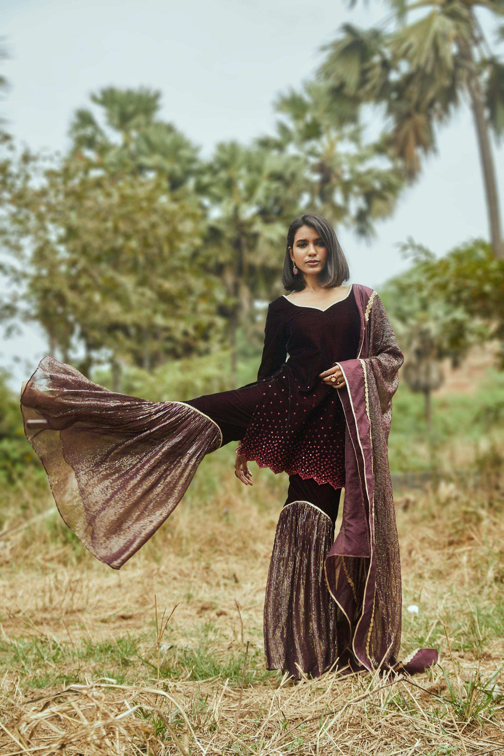 Ursula Velvet Kurta, Sharara & Dupatta- Wine - Monk & Mei