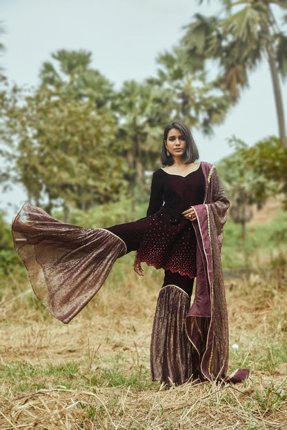 Ursula Velvet Kurta, Sharara & Dupatta- Wine