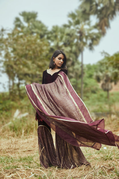 Ursula Velvet Kurta, Sharara & Dupatta- Wine