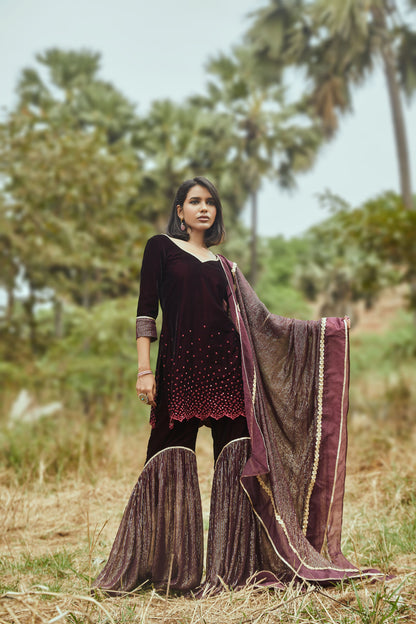 Ursula Velvet Kurta, Sharara & Dupatta- Wine