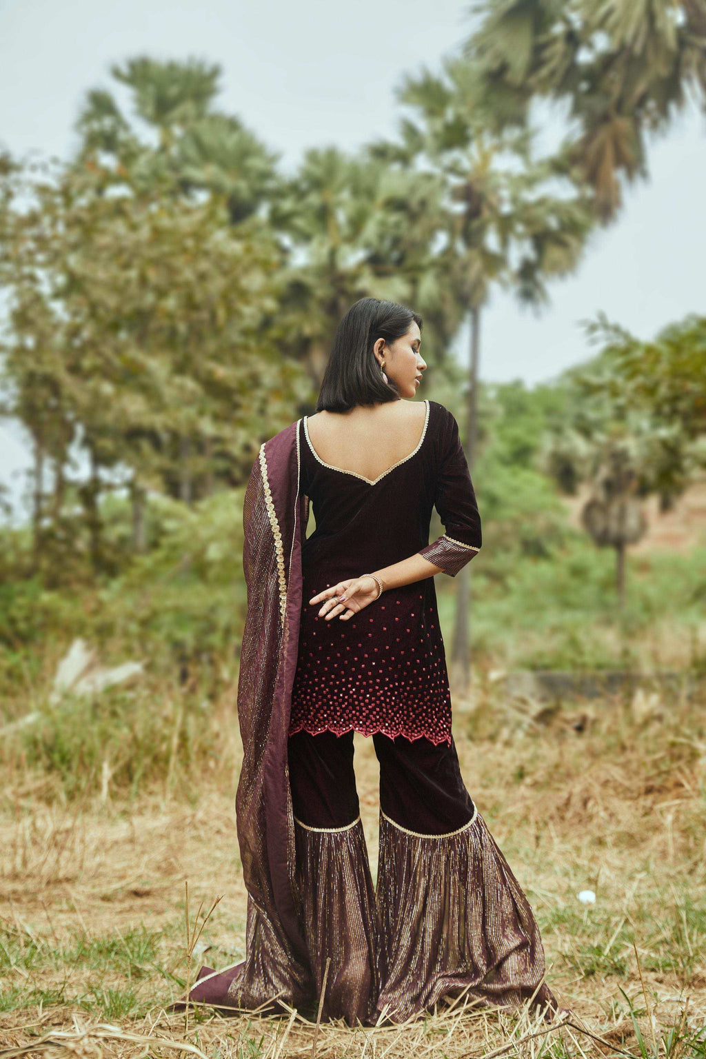 Ursula Velvet Kurta, Sharara & Dupatta- Wine - Monk & Mei