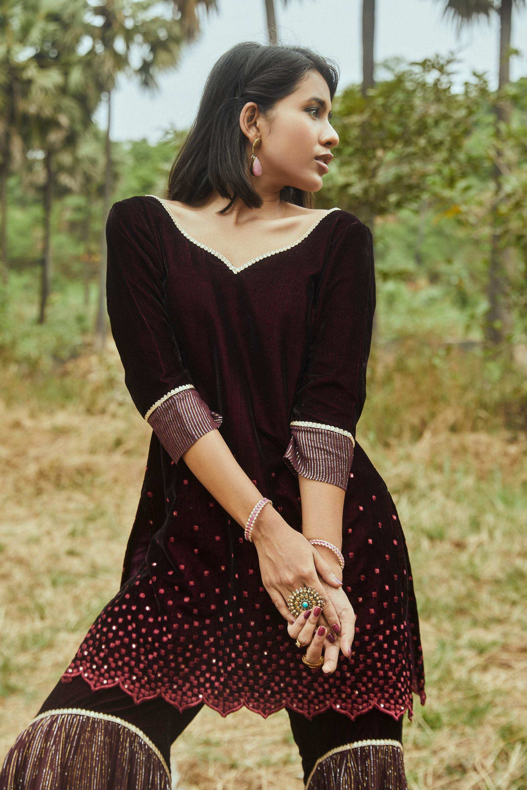 Ursula Velvet Kurta, Sharara & Dupatta- Wine - Monk & Mei