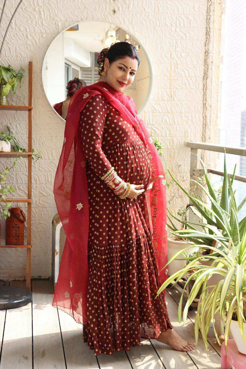 Reah-Anarkali with Organza Embroidered Dupatta - Maroon - Monk & Mei
