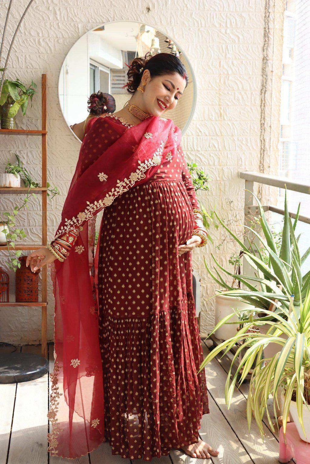 Reah-Anarkali with Organza Embroidered Dupatta - Maroon - Monk & Mei