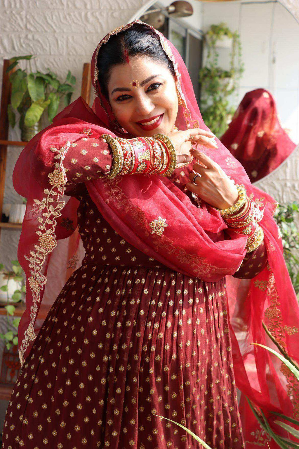 Reah-Anarkali with Organza Embroidered Dupatta - Maroon - Monk & Mei