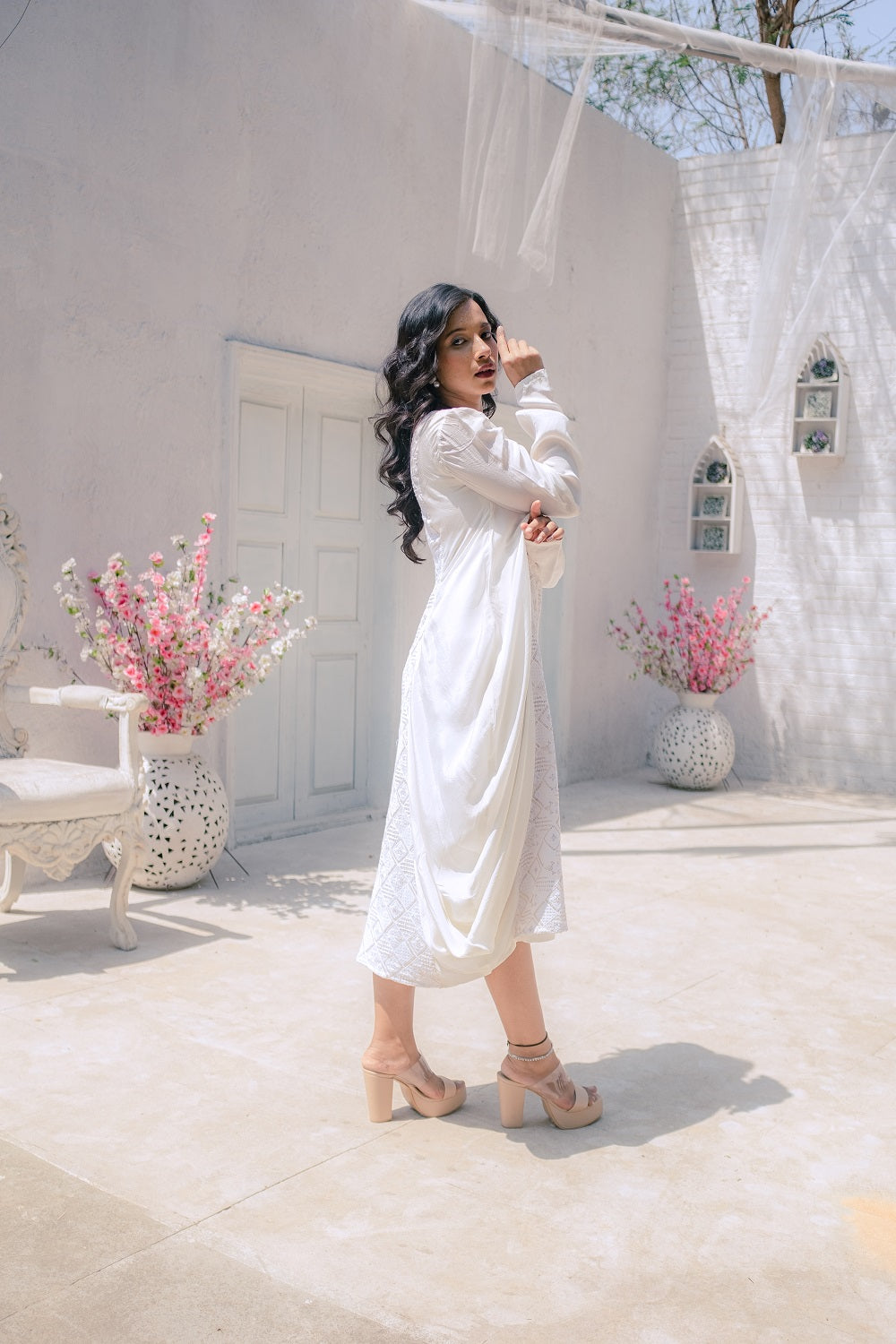 Fatima Chikankari Cowl Dress - White
