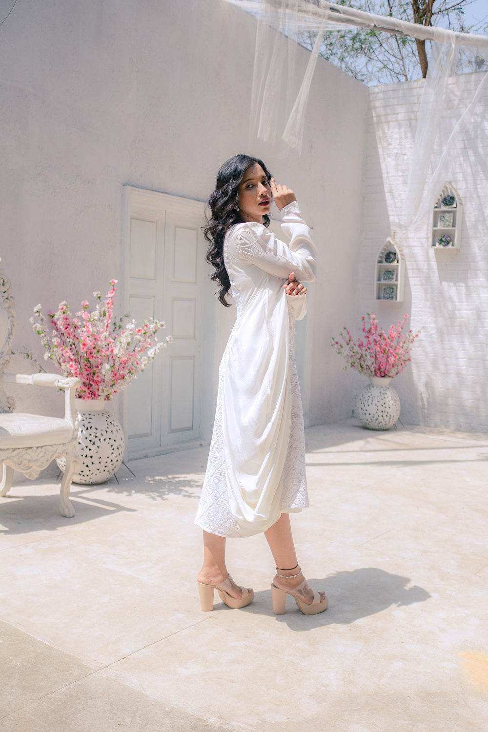 Fatima Chikankari Cowl Dress - White - Monk & Mei
