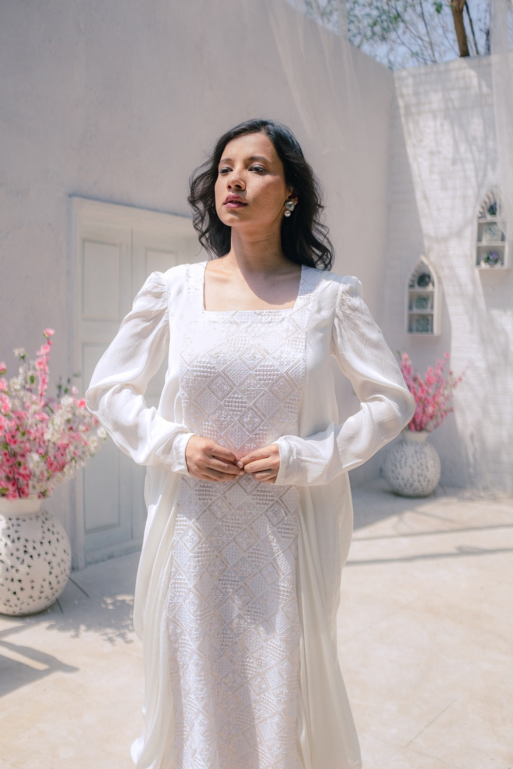 Fatima Chikankari Cowl Dress - White