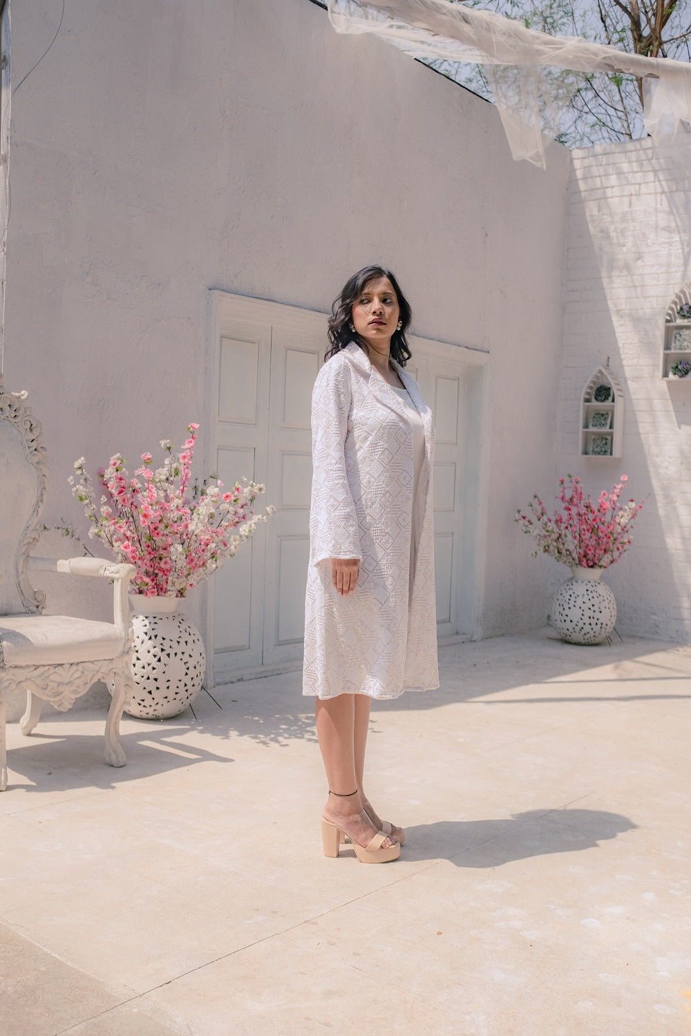 Heer Dress & Chikankari Jacket - White