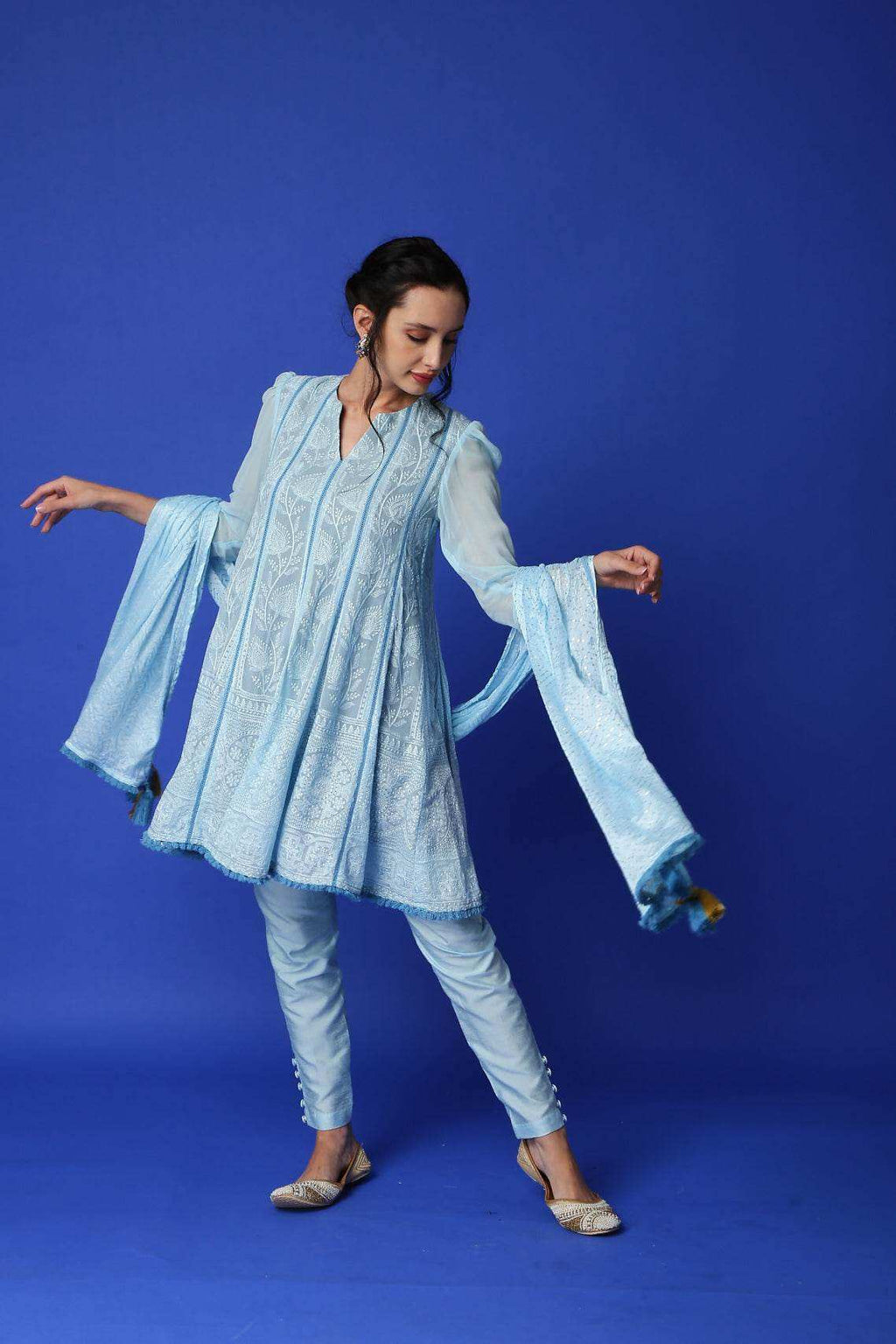Mumtaz Chikankari Anarkali Kurta-Pants & Dupatta - Monk & Mei