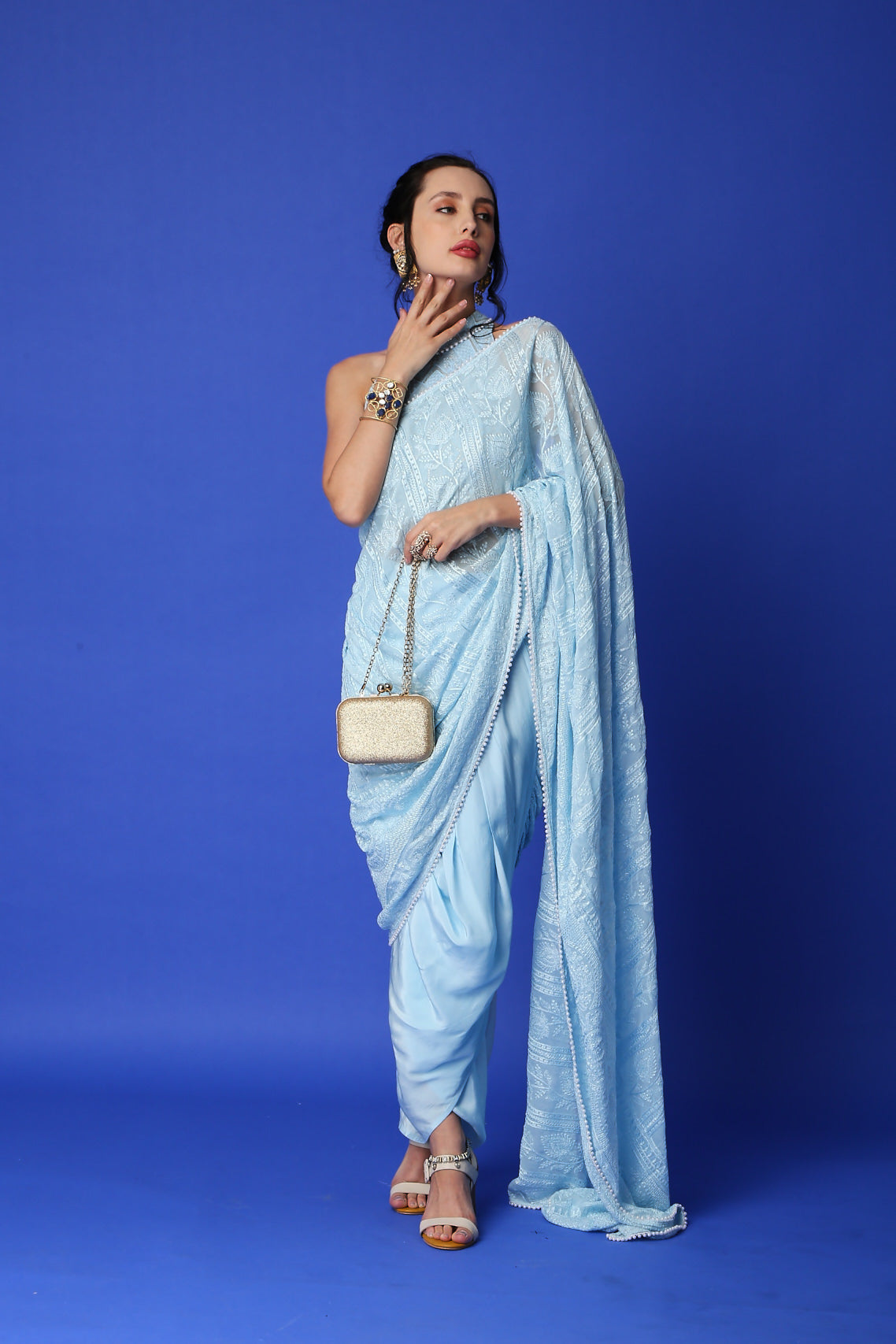 Buy Nikasha Ivory Handwoven Kota Doriya Floral Print Pallu Dhoti Pant Saree  With Blouse Online | Aza Fashions