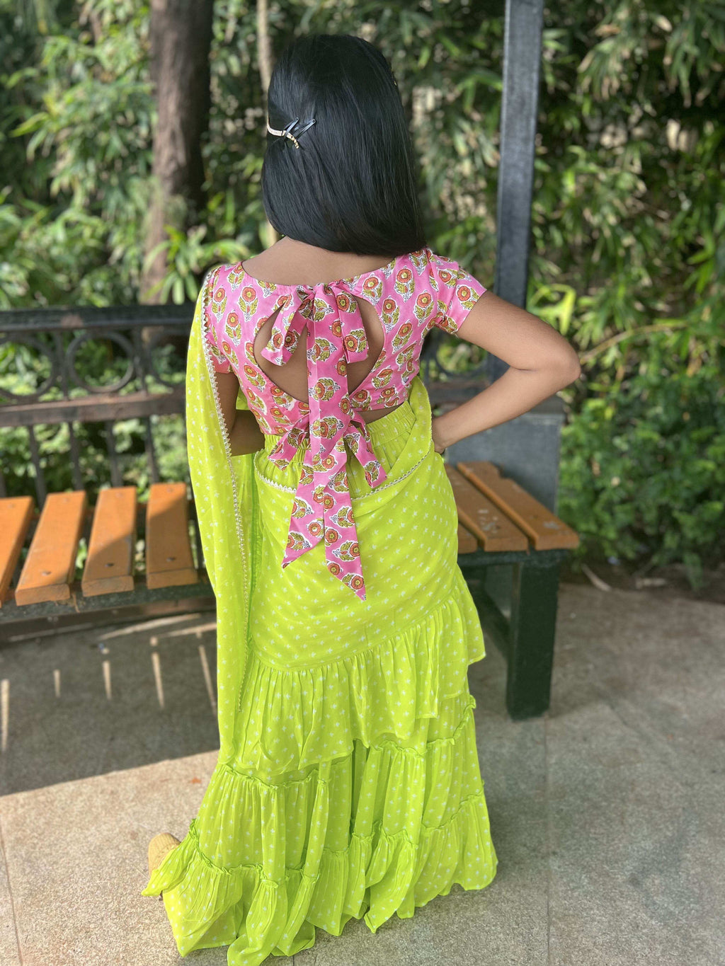 Issh Green Sharara Saree - Girls - Monk & Mei