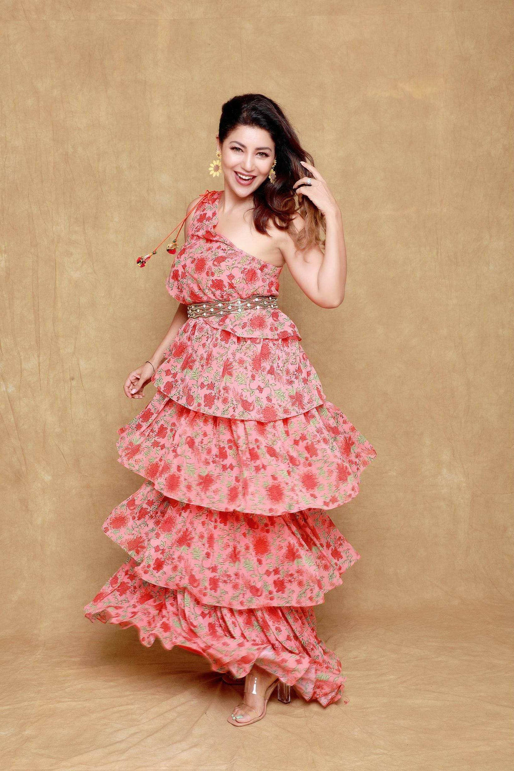 Pari Ruffled Gown - Peach - Monk & Mei