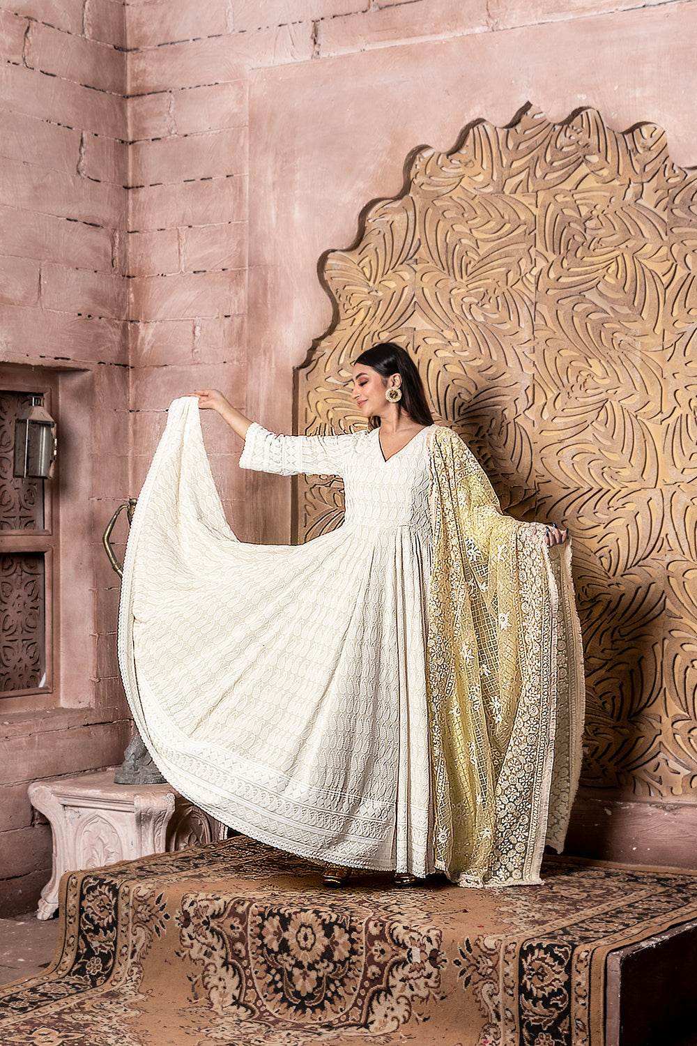 Falak - Embroidered Dress & Dupatta - Cream Anarkali with Zari Dupatta - Monk & Mei