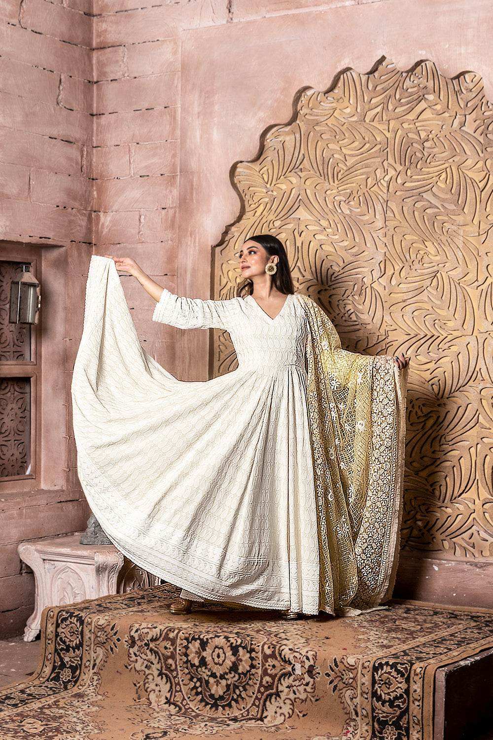 Falak - Embroidered Dress & Dupatta - Cream Anarkali with Zari Dupatta - Monk & Mei