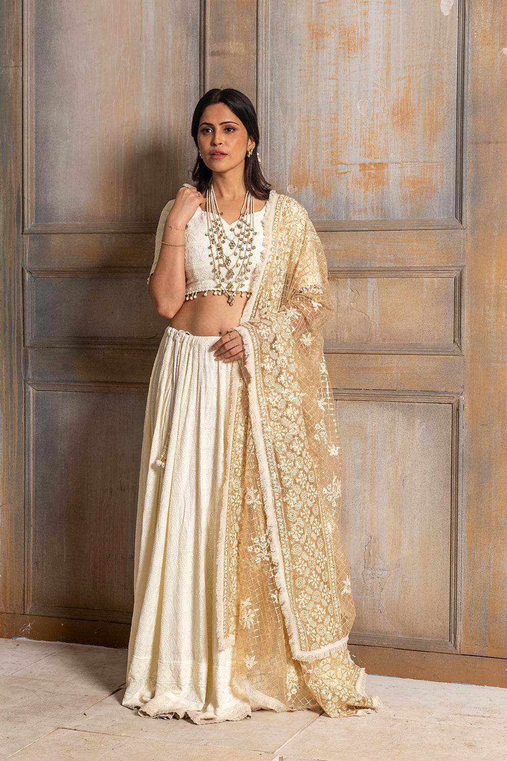 Mallika Embroidered Lehenga Set - Cream - Monk & Mei