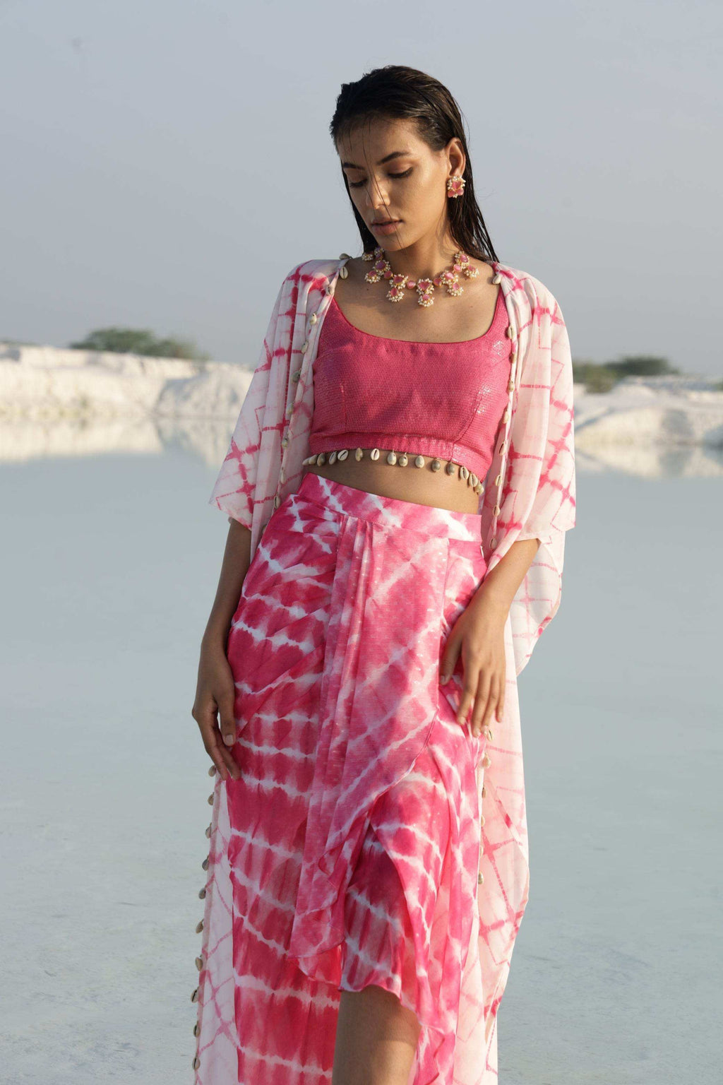 GLORIA DHOTI SKIRT- BLOUSE - Pink - Monk & Mei