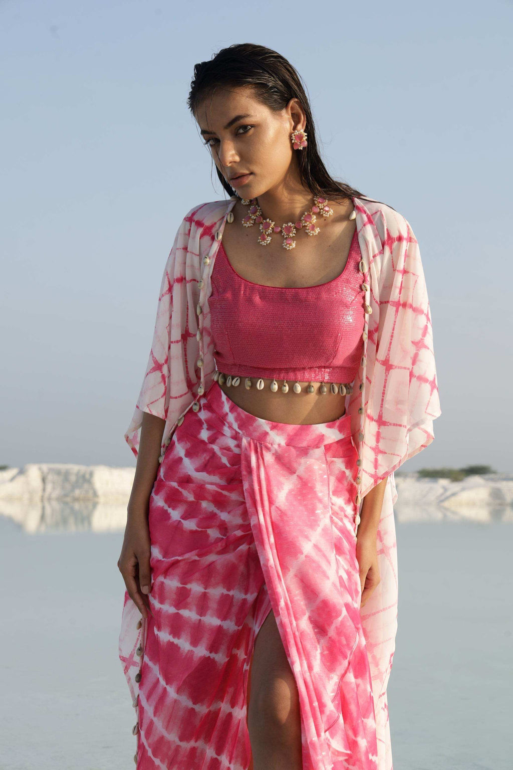 GLORIA DHOTI SKIRT- BLOUSE - Pink - Monk & Mei