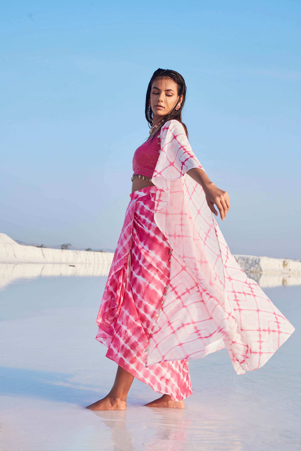 GLORIA BLOUSE - DHOTI SKIRT - SHRUG (PINK) - Monk & Mei