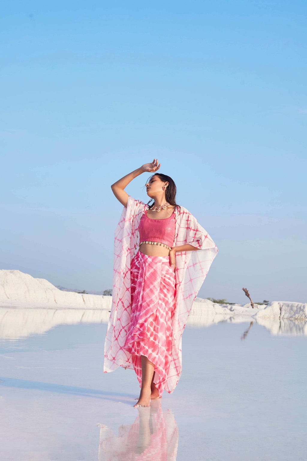 GLORIA BLOUSE - DHOTI SKIRT - SHRUG (PINK) - Monk & Mei