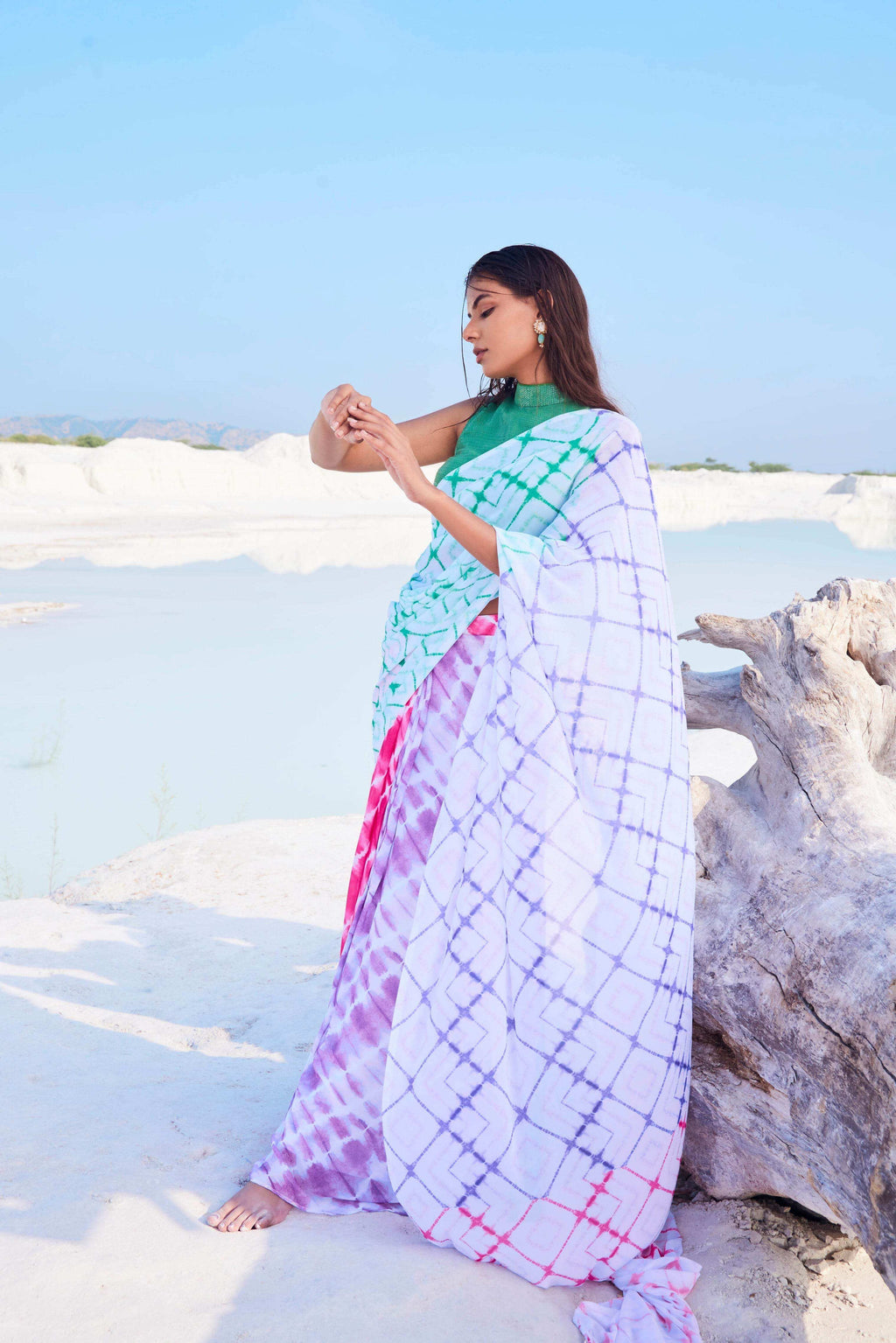 CELESTIA SAREE & HALTER NECK BLOUSE (GREEN) - MULTICOLOR - Monk & Mei