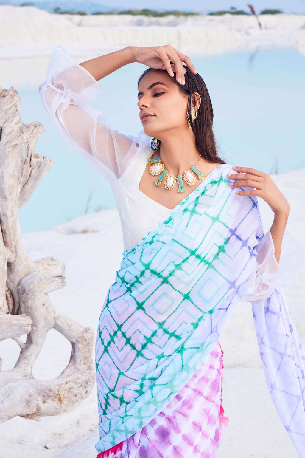CELESTIA SAREE & FULL SLEEVE BLOUSE (WHITE) - MULTICOLOR - Monk & Mei